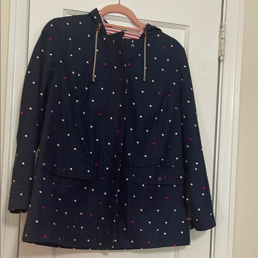 Hooded Rain Coat Nautical Windbreaker Jacket Small Talbots Polka dots Navy